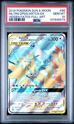 2019 POKEMON SM HIDDEN FATES #66 FULL ART/MOLTRES & ZAPDOS & ARTICUNO GX PSA 10 - Image 1