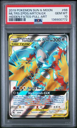 2019 POKEMON SM HIDDEN FATES #66 FULL ART/MOLTRES & ZAPDOS & ARTICUNO GX PSA 10 - Image 1