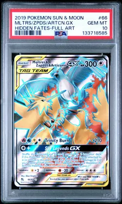 2019 POKEMON SM HIDDEN FATES #66 FULL ART/MOLTRES & ZAPDOS & ARTICUNO GX PSA 10 - Image 1