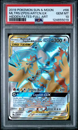 2019 POKEMON HIDDEN FATES #66 FULL ART/MOLTRES & ZAPDOS & ARTICUNO GX PSA 10 - Image 1