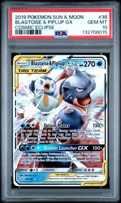 2019 POKEMON SUN & MOON COSMIC ECLIPSE #38 BLASTOISE & PIPLUP GX PSA 10 - Image 1