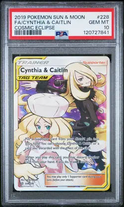 2019 POKEMON SUN & MOON COSMIC ECLIPSE #228 FULL ART/CYNTHIA & CAITLIN PSA 10 - Image 1