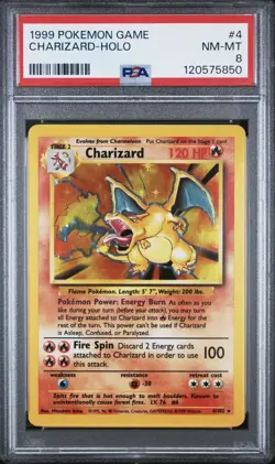 1999 POKEMON BASE SET UNLIMITED #4 CHARIZARD-HOLO PSA 8 - Image 1