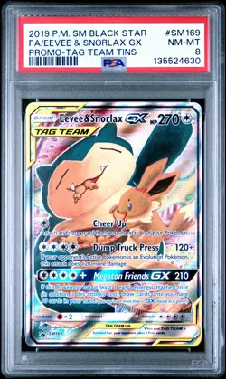 2019 POKEMON SM BLACK STAR PROMO TAG TEAM TINS FULL ART/EEVEE & SNORLAX GX PSA 8 - Image 1