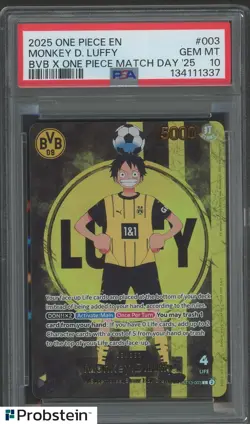 2025 ONE PIECE PROMOS BVB X ONE PIECE MATCH DAY 2025 #003 MONKEY D. LUFFY PSA 10 - Image 1