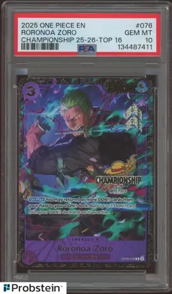 2025 One Piece OP09-076 Roronoa Zoro Top 16 Regional Championship Card PSA 10 - Image 1