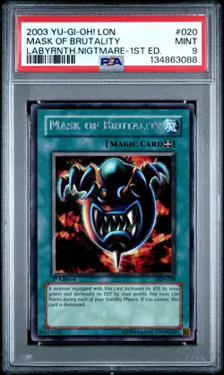 2003 YU-GI-OH! LON-LABYRINTH OF NIGHTMARE 1ST ED #020 MASK OF BRUTALITY PSA 9 - Image 1