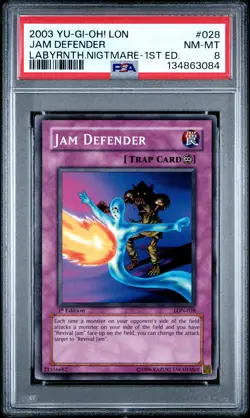 2003 YU-GI-OH! LON-LABYRINTH OF NIGHTMARE 1ST ED #028 JAM DEFENDER PSA 8 - Image 1