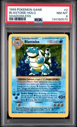 1999 POKEMON GAME SHADOWLESS #2 BLASTOISE-HOLO PSA 8 - Image 1