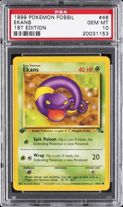 1999 POKEMON FOSSIL 1ST ED #46 EKANS PSA 10 - Image 1