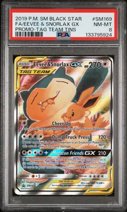 2019 POKEMON SM BLACK STAR PROMO TAG TEAM TINS FULL ART/EEVEE & SNORLAX GX PSA 8 - Image 1