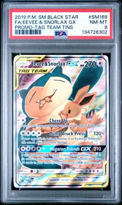2019 POKEMON SM BLACK STAR PROMO TAG TEAM TINS FULL ART/EEVEE & SNORLAX GX PSA 8 - Image 1