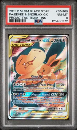 2019 POKEMON SM BLACK STAR PROMO TAG TEAM TINS FULL ART/EEVEE & SNORLAX GX PSA 8 - Image 1