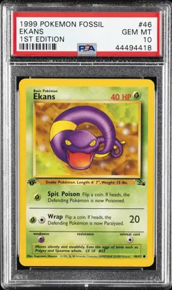 1999 POKEMON FOSSIL 1ST ED #46 EKANS PSA 10 - Image 1
