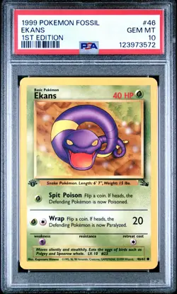 1999 POKEMON FOSSIL 1ST ED #46 EKANS PSA 10 - Image 1
