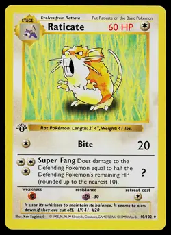 Pokemon Card - Raticate Base Set (Shadowless) 40/102 Uncommon 1st Edition - Image 1