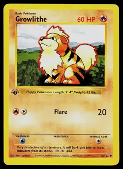 Pokemon Card - Growlithe Base Set (Shadowless) 28/102 Uncommon 1st Edition - Image 1