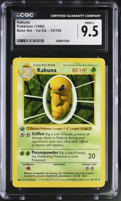 CGC 9.5 MINT+ Kakuna 1999 Base Set 1st Edition Shadowless 33/102 Pokemon Card - Image 1