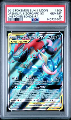 2019 POKEMON SUN & MOON UNBROKEN BONDS FULL ART/GRENINJA & ZOROARK GX PSA 10 - Image 1