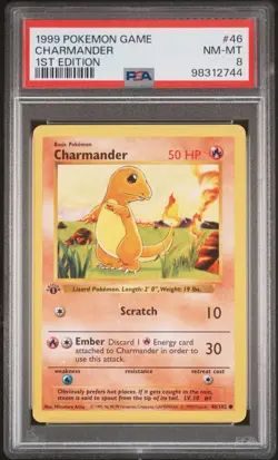 PSA 8 Charmander 1st Edition Shadowless Base Set Pokemon Card #46 Clean NM - Image 1