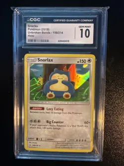2019 POKEMON SUN & MOON UNBROKEN BONDS #158 SNORLAX-HOLO Cgc 10 - Image 1