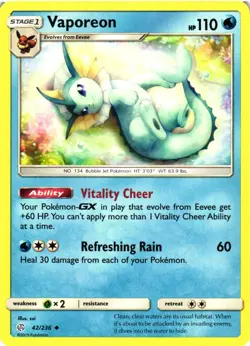 Pokemon TCG Vaporeon 42/236 Sm-Cosmic Eclipse Regular VLP - Image 1