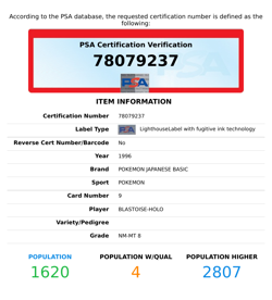 1996 POKEMON JAPANESE BASIC BLASTOISE-HOLO #9 PSA 8 NM-MT - Image 3