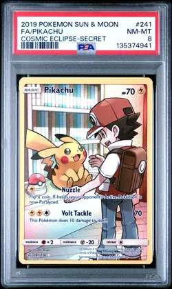 Pikachu 241 PSA 8 Secret Rare Full Art Cosmic Eclipse SM Pokemon TCG 2019 NM-MT - Image 1