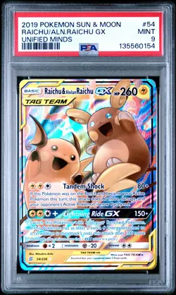 2019 POKEMON SUN & MOON UNIFIED MINDS #54 RAICHU & ALOLAN RAICHU GX PSA 9 - Image 1