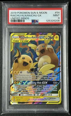RAICHU ALOLAN GX TAG TEAM PSA 9 2019 POKEMON SUN & MOON #54 UNIFIED MINDS 6206 - Image 1