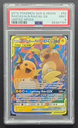 2019 Pokemon TCG Sun & Moon Unified Minds 54 Raichu & Alolan Raichu GX PSA 9 - Image 1