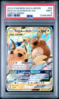 2019 POKEMON SUN & MOON UNIFIED MINDS #54 RAICHU & ALOLAN RAICHU GX PSA 9 - Image 1
