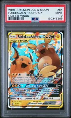 2019 POKEMON SUN & MOON UNIFIED MINDS #54 RAICHU & ALOLAN RAICHU GX PSA 9 - Image 1
