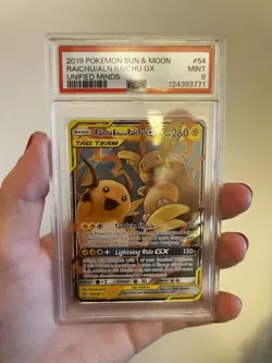 2019 POKEMON SUN & MOON UNIFIED MINDS #54 RAICHU & ALOLAN RAICHU GX PSA 9 - Image 1