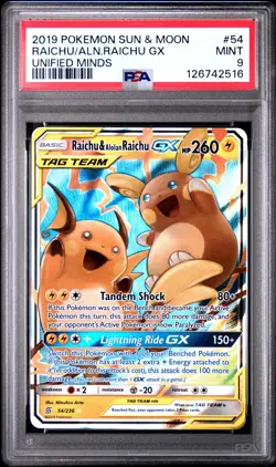 2019 POKEMON SUN & MOON UNIFIED MINDS #54 RAICHU & ALOLAN RAICHU GX PSA 9 - Image 1