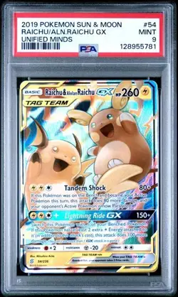 2019 Pokemon Sun & Moon #54/236 Raichu & Alolan Raichu GX Unified Minds PSA 9 - Image 1