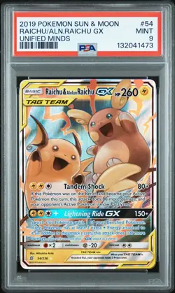 2019 POKEMON SUN & MOON UNIFIED MINDS #54 RAICHU & ALOLAN RAICHU GX PSA 9 - Image 1
