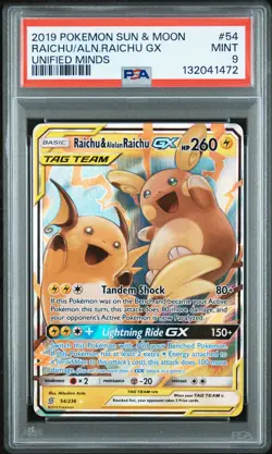 2019 POKEMON SUN & MOON UNIFIED MINDS #54 RAICHU & ALOLAN RAICHU GX PSA 9 - Image 1