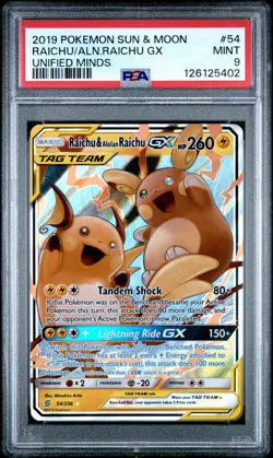 2019 POKEMON SUN & MOON UNIFIED MINDS #54 RAICHU & ALOLAN RAICHU GX PSA 9 - Image 1