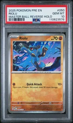 2025 POKEMON PRE EN-PRISMATIC EVOLUTIONS MASTER BALL REVERSE HOLO RIOLU PSA 10 - Image 1