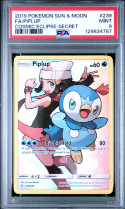 2019 POKEMON SUN & MOON COSMIC ECLIPSE SECRET #239 FULL ART/PIPLUP PSA 9 - Image 1