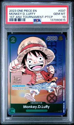 2023 ONE PIECE P-037 1ST ANNIVERSARY TOURNAMENT MONKEY D LUFFY ENGLISH PSA 10 - Image 1
