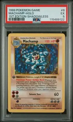 PSA 5 Machamp Pokemon Card Shadowless 1st Edition Holo WOTC 8/102 Base Set Rare - Image 1