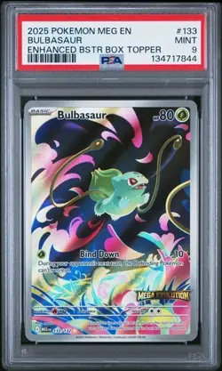 2025 POKEMON MEG EN-MEGA EVOLUTION #133 BULBASAUR ENHANCED BSTR BOX TOPPER PSA 9 - Image 1