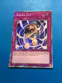 YUGIOH Platinum Secret Rare Karma Cut RA04-EN128 1st Edition - Image 1