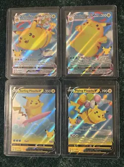 Pokemon Tcg 4 Card Lot Flying & Surfing Pikachu V Vmax Near Mint celebrations - Image 1