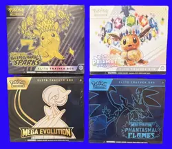 Pokemon 4 ETB'S 1 Each SURGING SPARKS, PRISMATIC EVOLUTION, MEGA & PHANTASMAL - Image 1