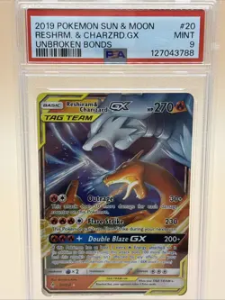 PSA 9 Reshiram & Charizard GX 2019 Pokemon Sun & Moon #20 Unbroken Bonds Holo - Image 1