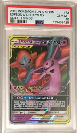 2019 Pokemon Unified Minds PSA 10 Espeon & Deoxys GX Tag Team HOLO #72 GEM MINT - Image 1