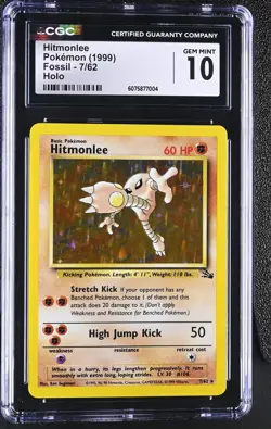 CGC 10 GEM MINT Hitmonlee 1999 Fossil 7/62 Holo Pokemon Card - Image 1
